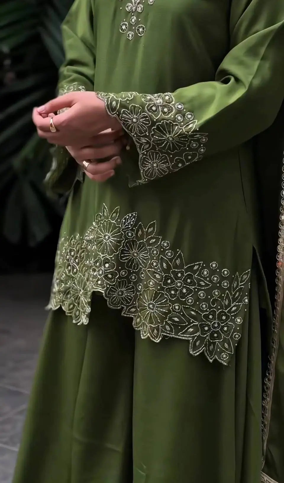 Bottle Green Heavy Chinon Silk Embroidered Kurta Sharara Set with Lace Dupatta | Festive Party Wear