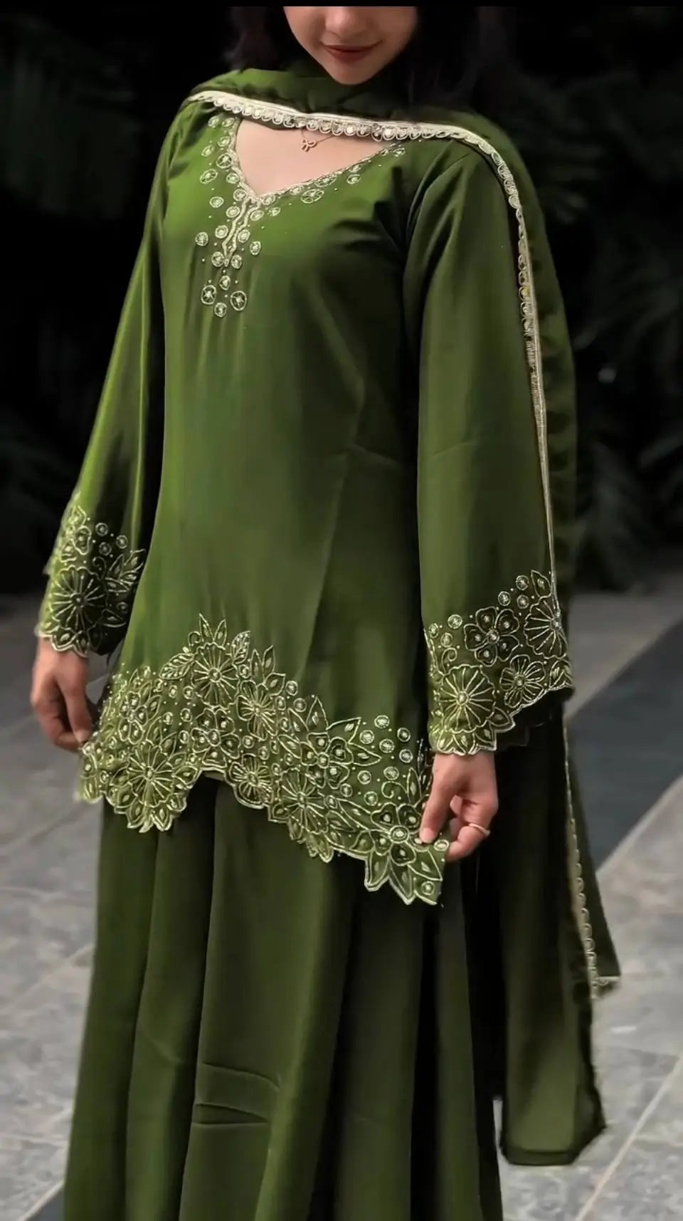 Bottle Green Heavy Chinon Silk Embroidered Kurta Sharara Set with Lace Dupatta | Festive Party Wear