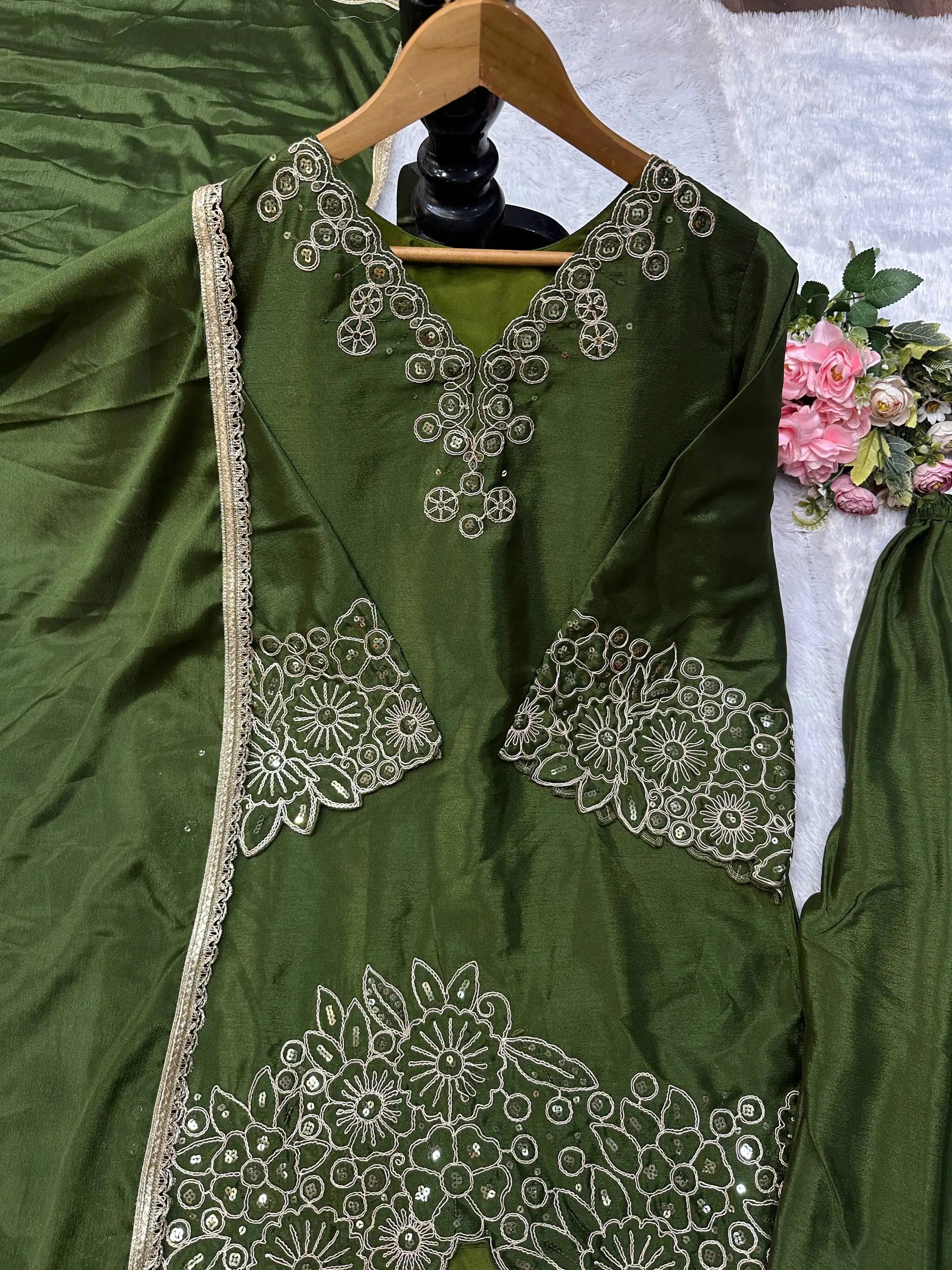 Bottle Green Heavy Chinon Silk Embroidered Kurta Sharara Set with Lace Dupatta | Festive Party Wear