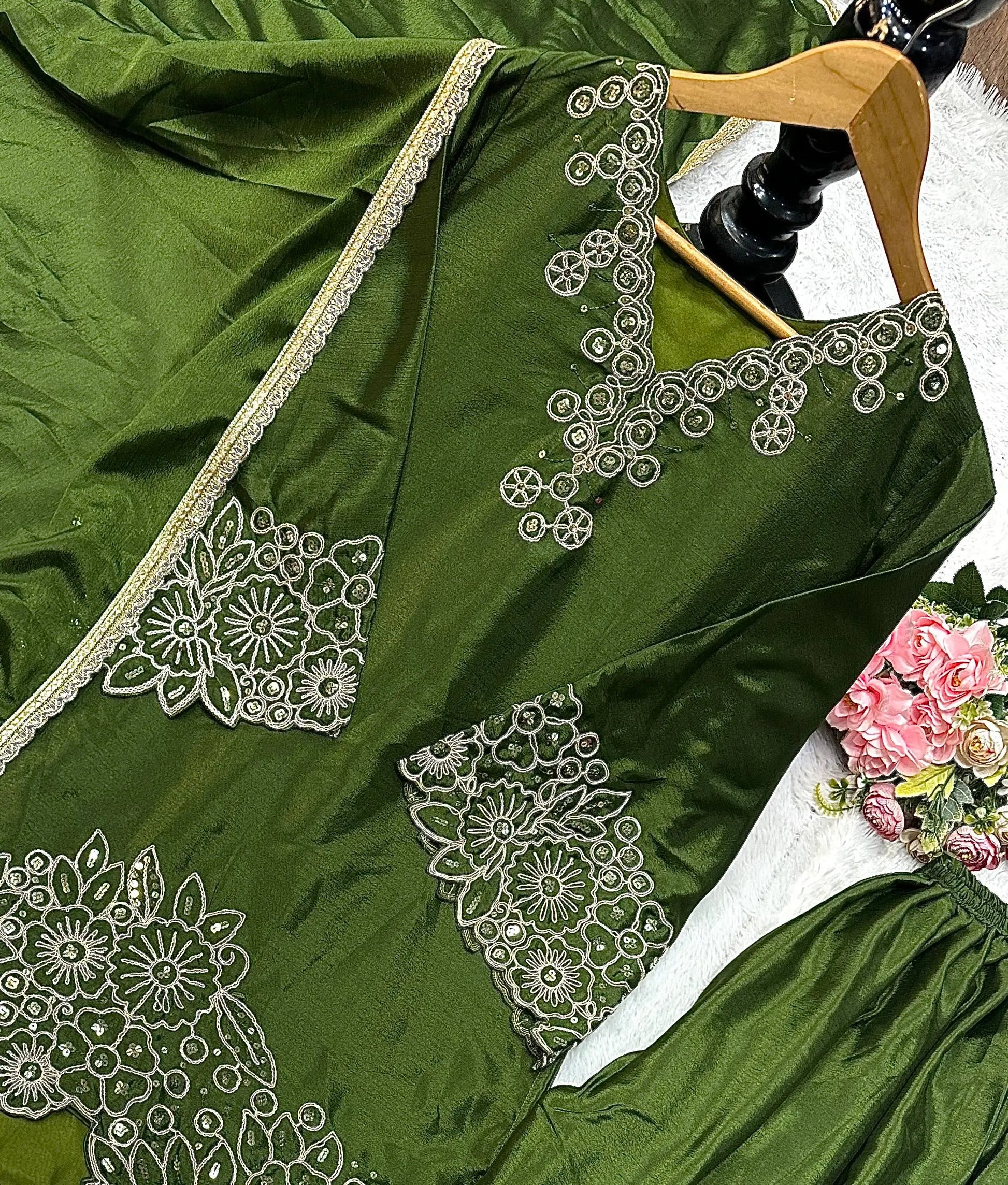Bottle Green Heavy Chinon Silk Embroidered Kurta Sharara Set with Lace Dupatta | Festive Party Wear