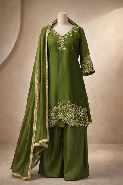 Bottle Green Heavy Chinon Silk Embroidered Kurta Sharara Set with Lace Dupatta | Festive Party Wear