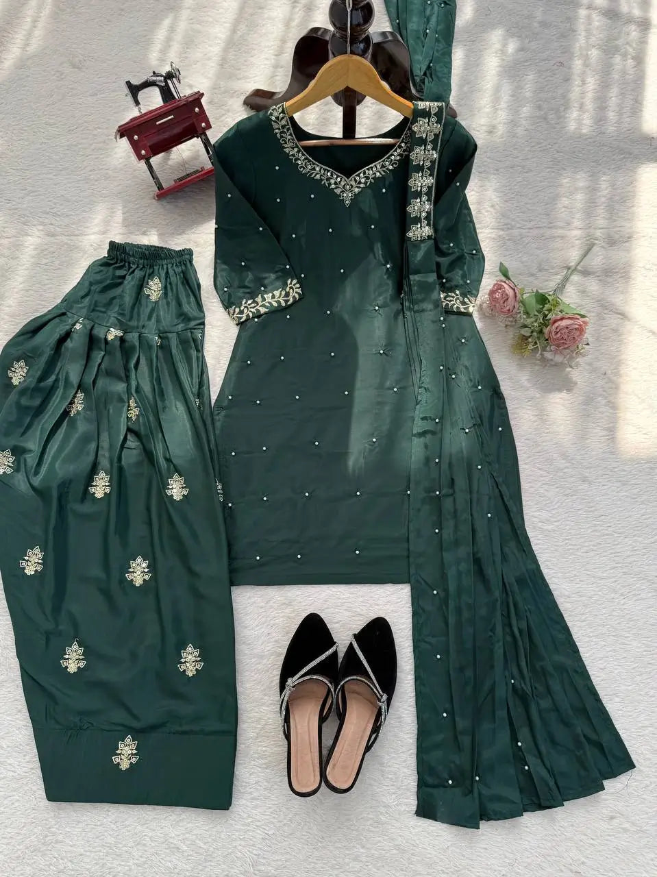 Bottle Green Heavy Natural Crepe Suit Set with Thread Sequence and Pearl Work Farshi Palazzo