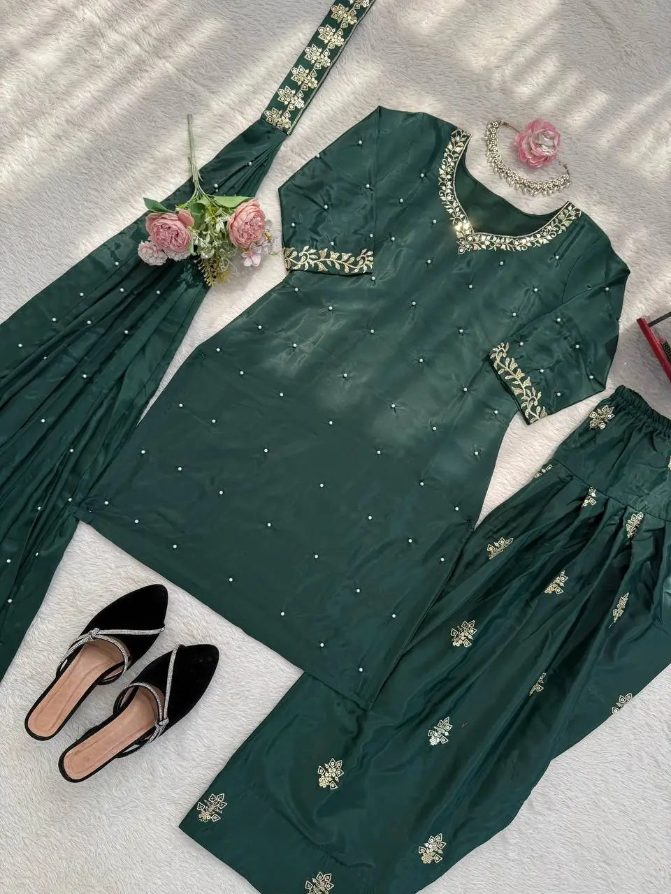 Bottle Green Heavy Natural Crepe Suit Set with Thread Sequence and Pearl Work Farshi Palazzo