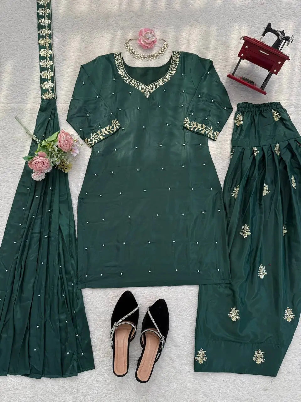 Bottle Green Heavy Natural Crepe Suit Set with Thread Sequence and Pearl Work Farshi Palazzo