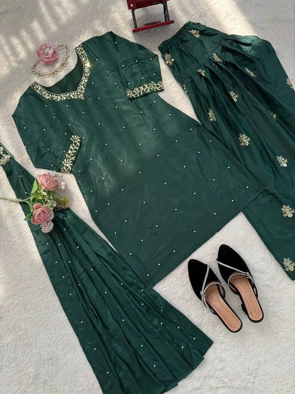 Bottle Green Heavy Natural Crepe Suit Set with Thread Sequence and Pearl Work Farshi Palazzo