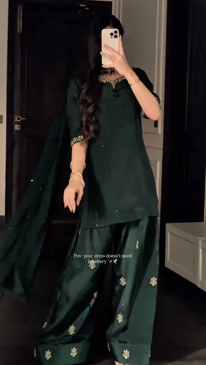 Bottle Green Heavy Natural Crepe Suit Set with Thread Sequence and Pearl Work Farshi Palazzo