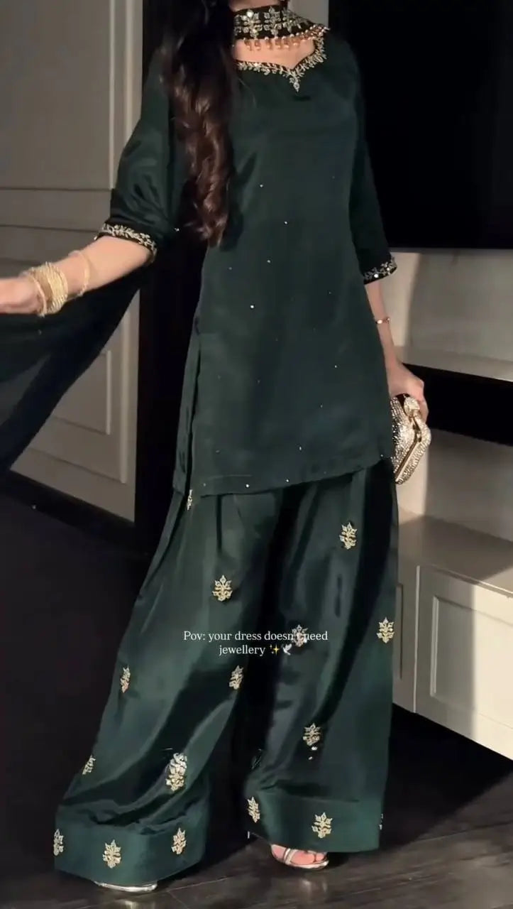 Bottle Green Heavy Natural Crepe Suit Set with Thread Sequence and Pearl Work Farshi Palazzo