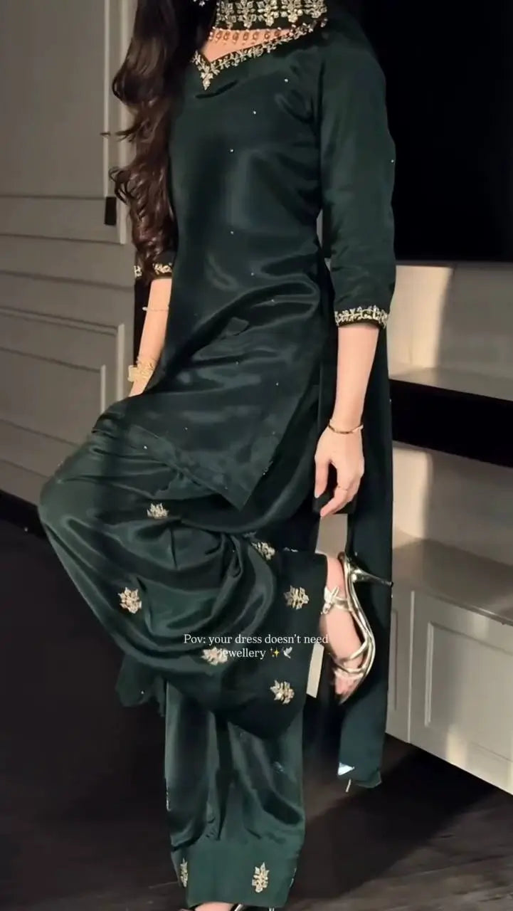 Bottle Green Heavy Natural Crepe Suit Set with Thread Sequence and Pearl Work Farshi Palazzo