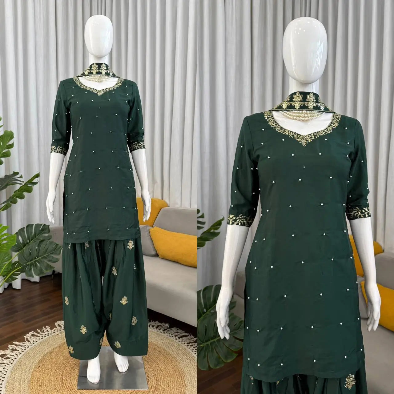 Bottle Green Heavy Natural Crepe Suit Set with Thread Sequence and Pearl Work Farshi Palazzo