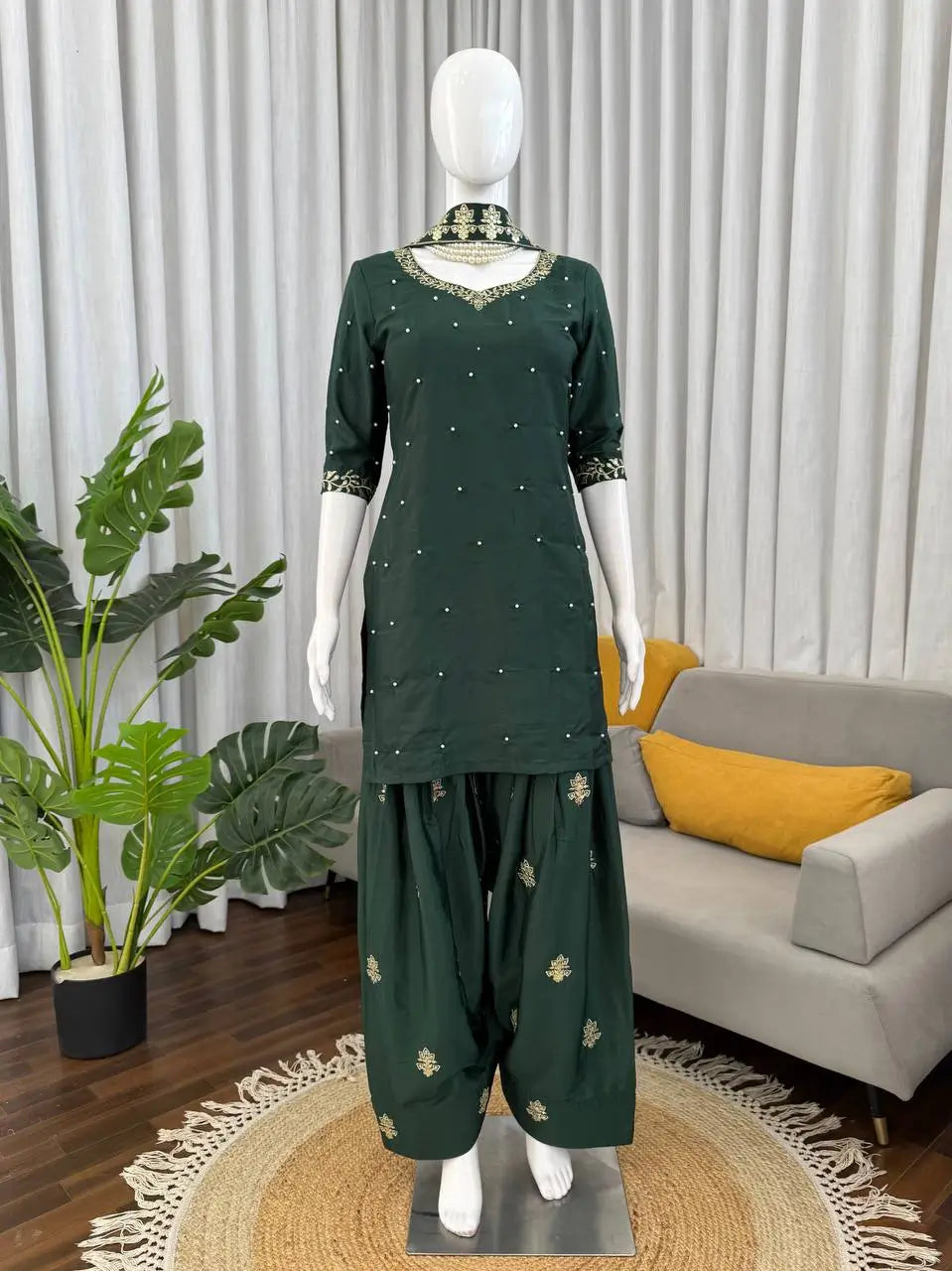 Bottle Green Heavy Natural Crepe Suit Set with Thread Sequence and Pearl Work Farshi Palazzo