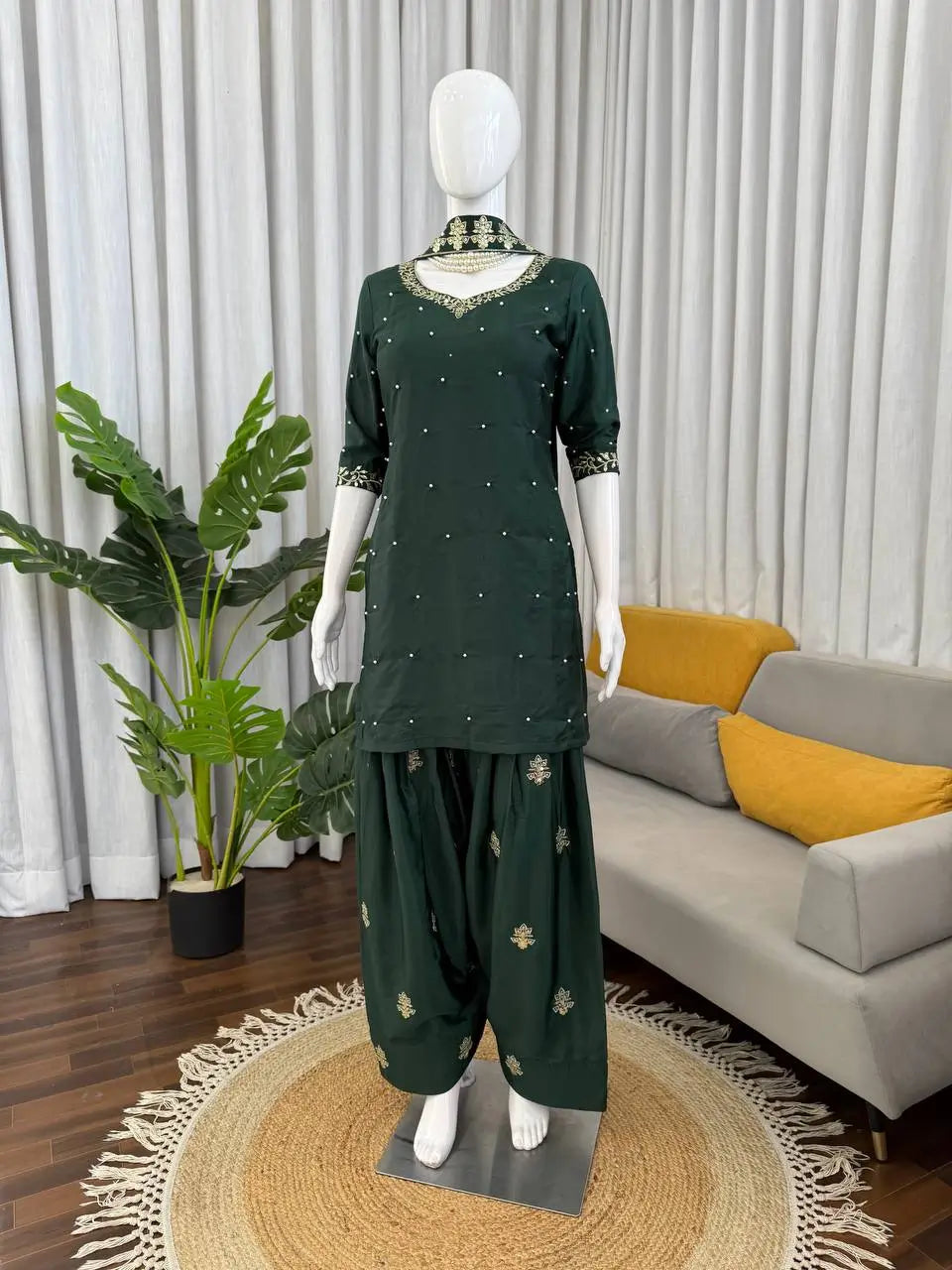Bottle Green Heavy Natural Crepe Suit Set with Thread Sequence and Pearl Work Farshi Palazzo