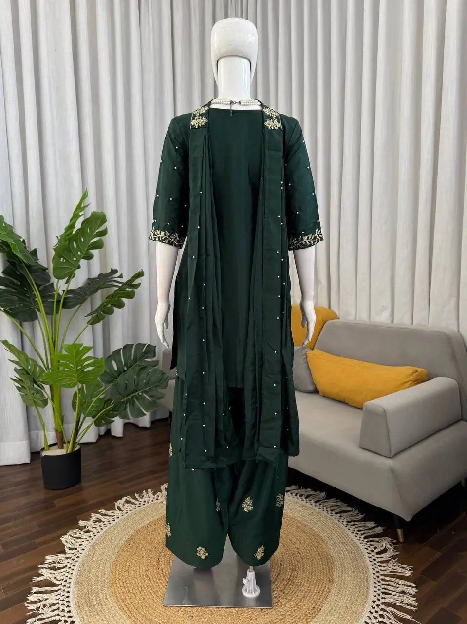 Bottle Green Heavy Natural Crepe Suit Set with Thread Sequence and Pearl Work Farshi Palazzo