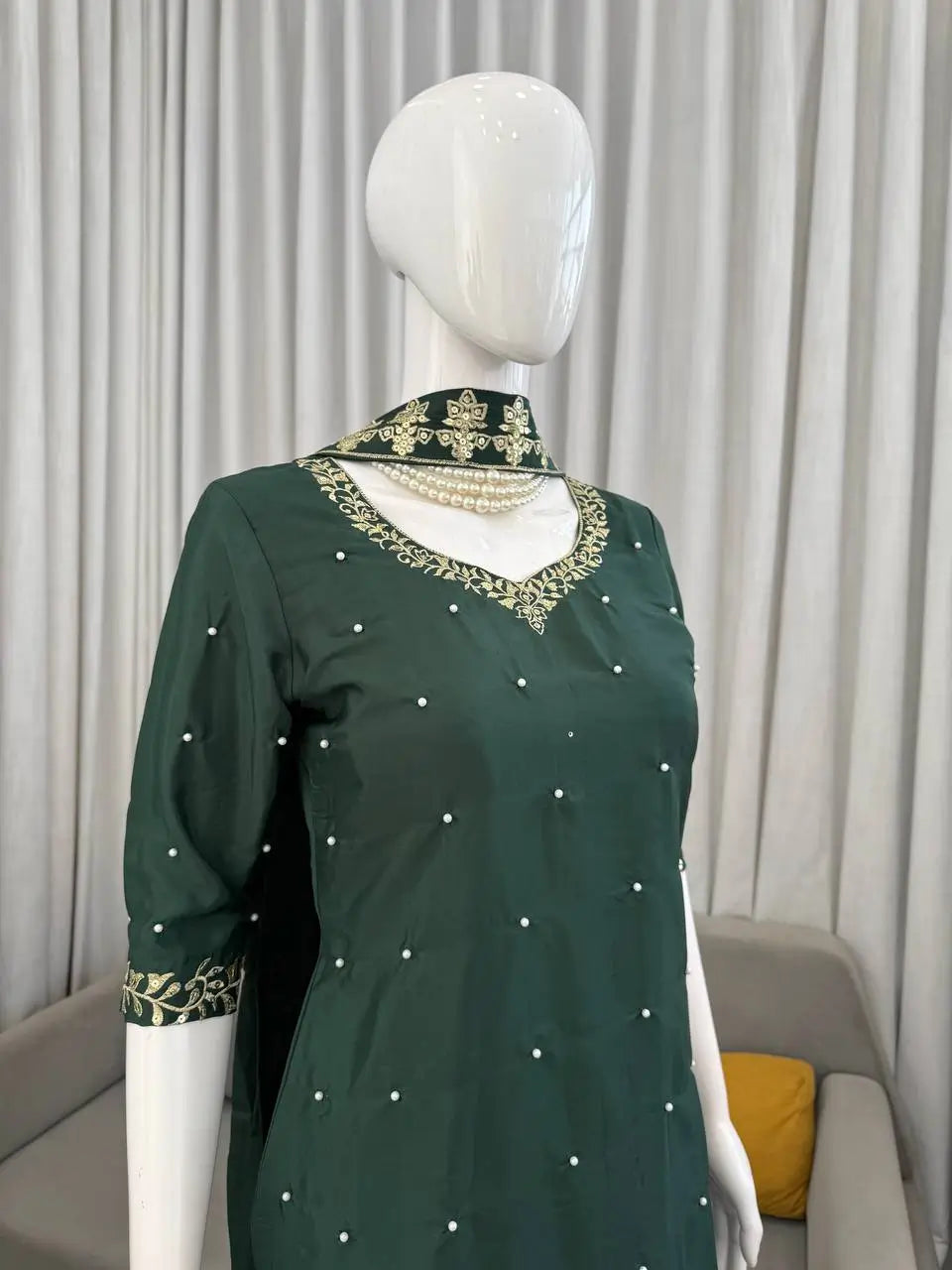 Bottle Green Heavy Natural Crepe Suit Set with Thread Sequence and Pearl Work Farshi Palazzo
