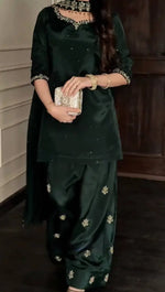 Bottle Green Heavy Natural Crepe Suit Set with Thread Sequence and Pearl Work Farshi Palazzo