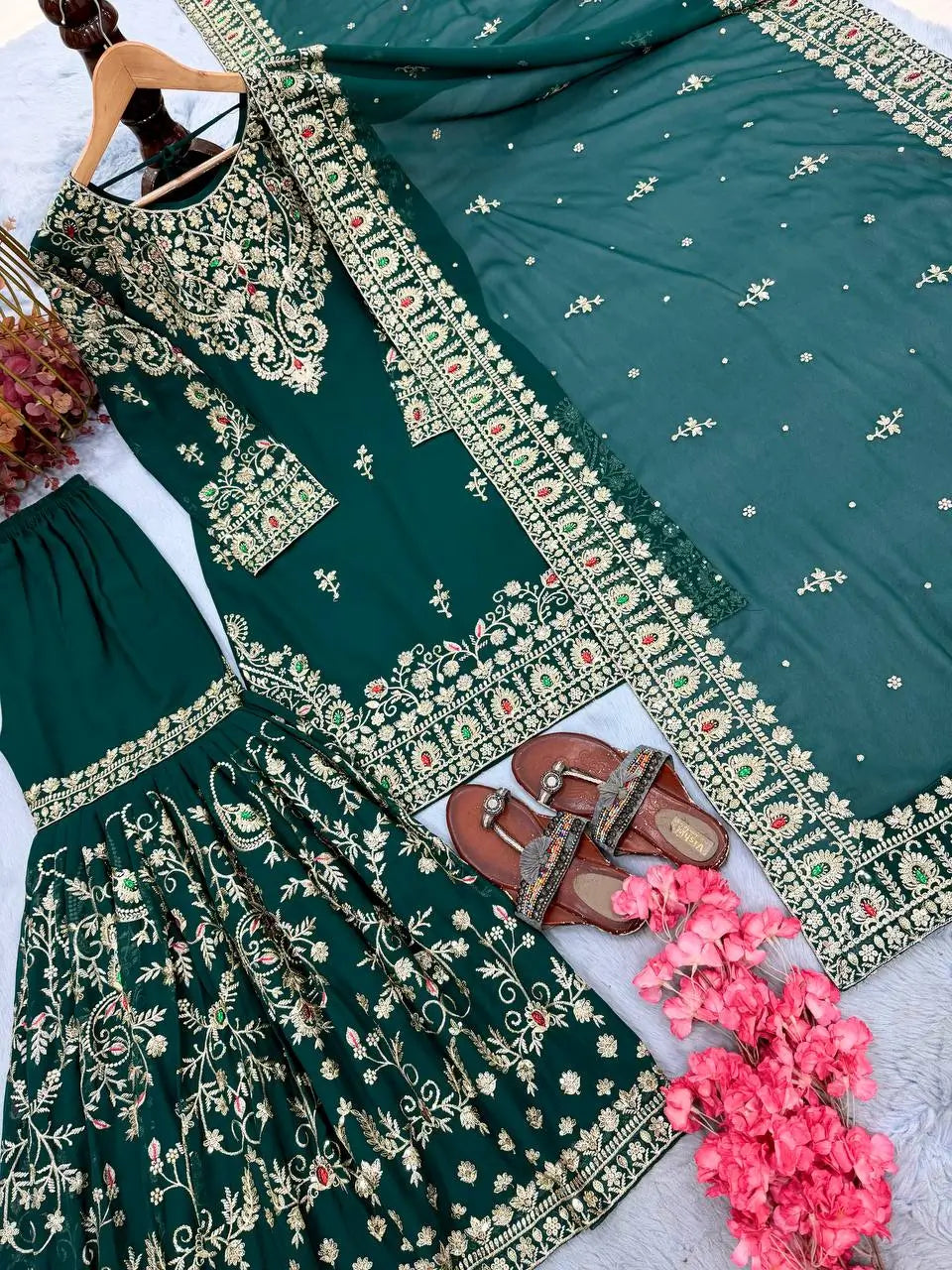 Bottle Green Zari Meena Sharara Set