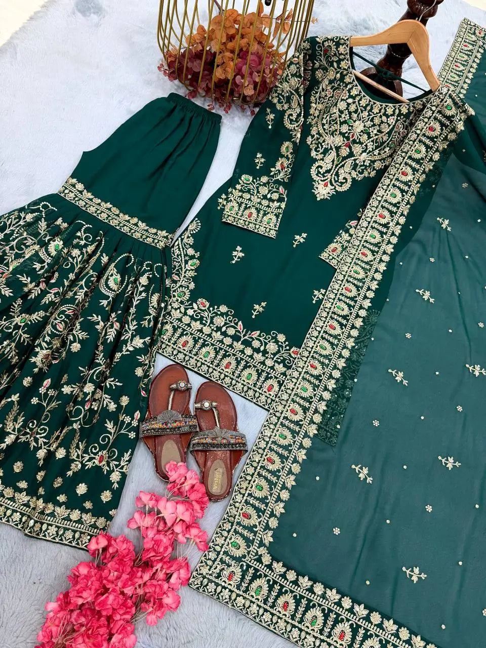 Bottle Green Zari Meena Sharara Set