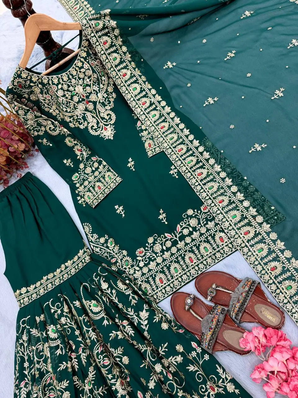 Bottle Green Zari Meena Sharara Set