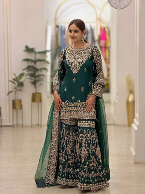Bottle Green Zari Meena Sharara Set