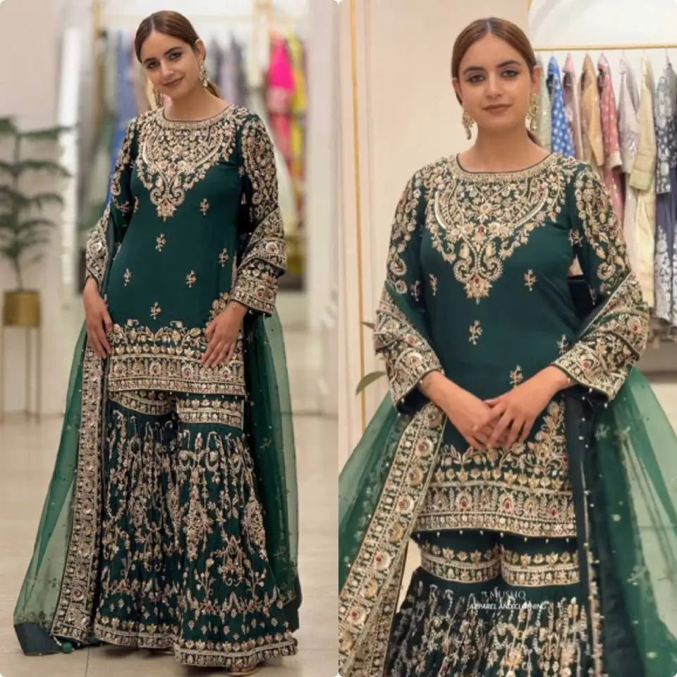 Bottle Green Zari Meena Sharara Set