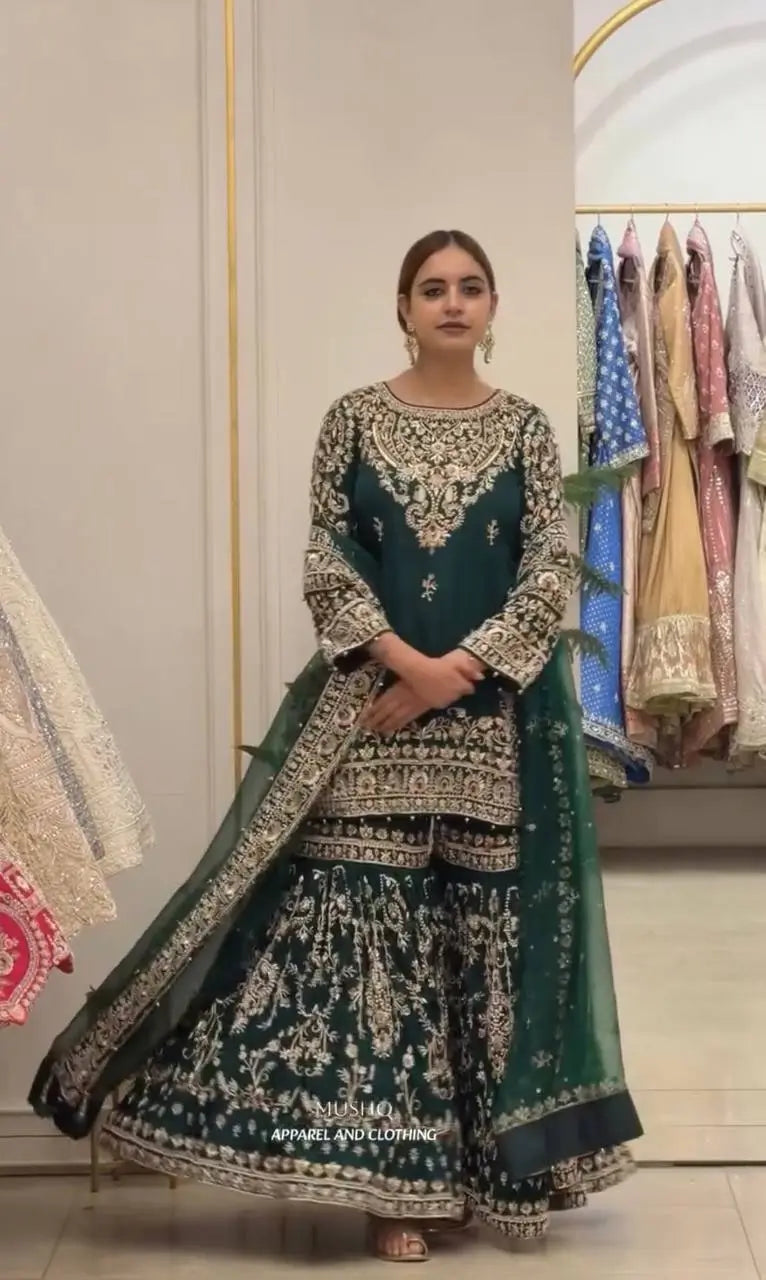 Bottle Green Zari Meena Sharara Set
