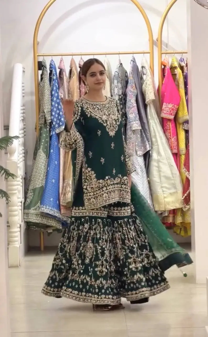 Bottle Green Zari Meena Sharara Set