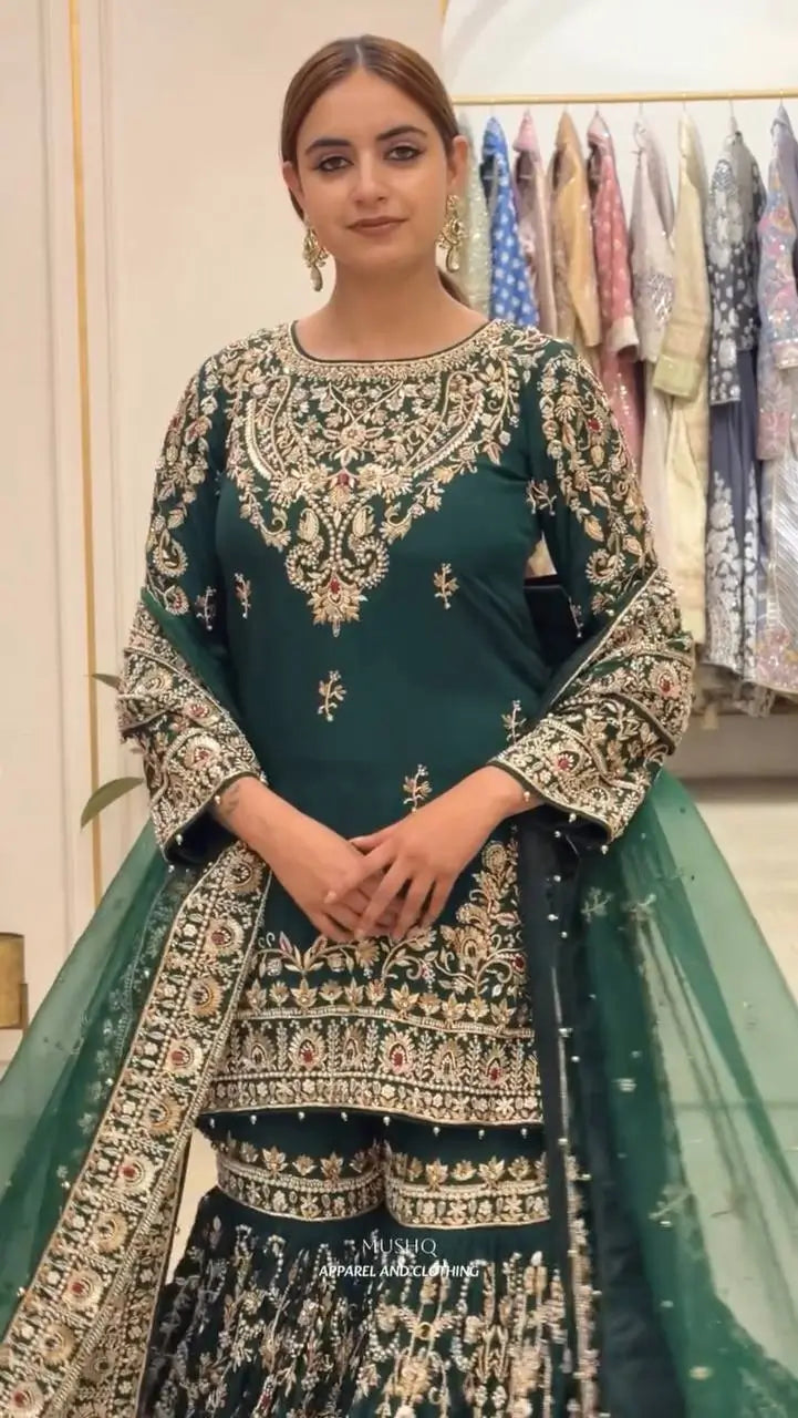 Bottle Green Zari Meena Sharara Set