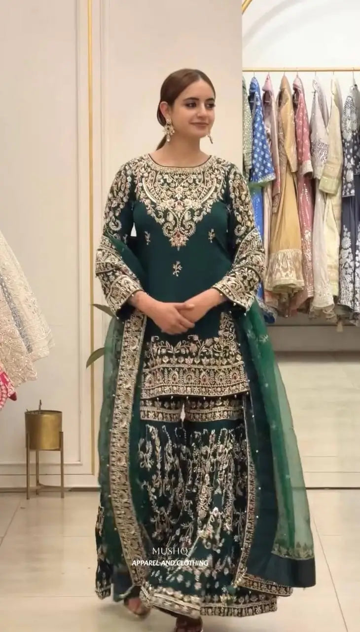 Bottle Green Zari Meena Sharara Set