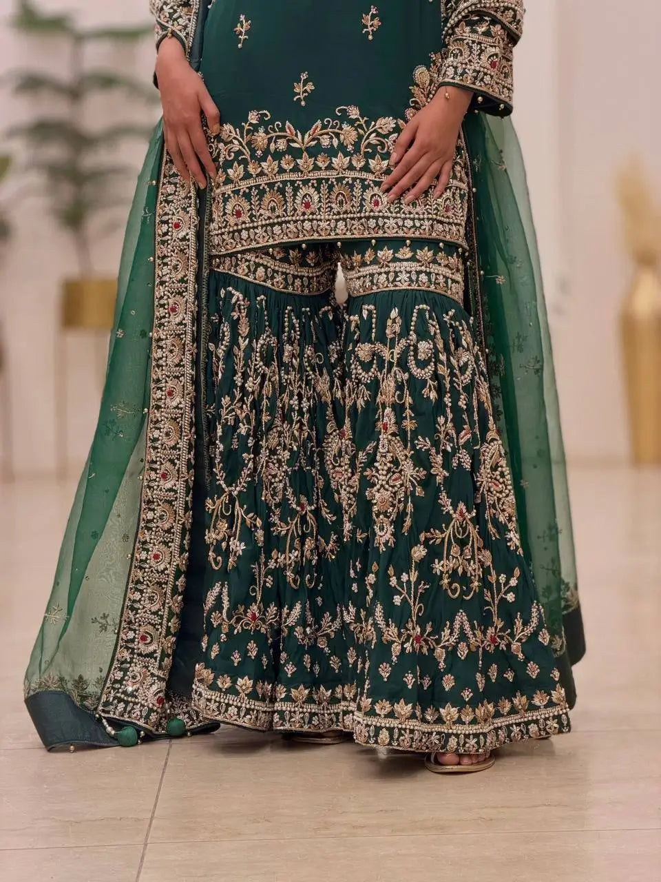 Bottle Green Zari Meena Sharara Set