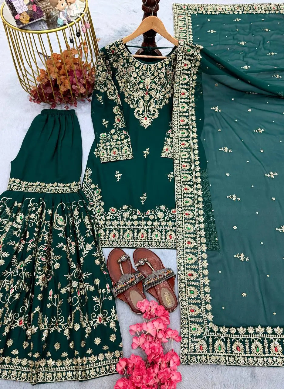 Bottle Green Zari Meena Sharara Set