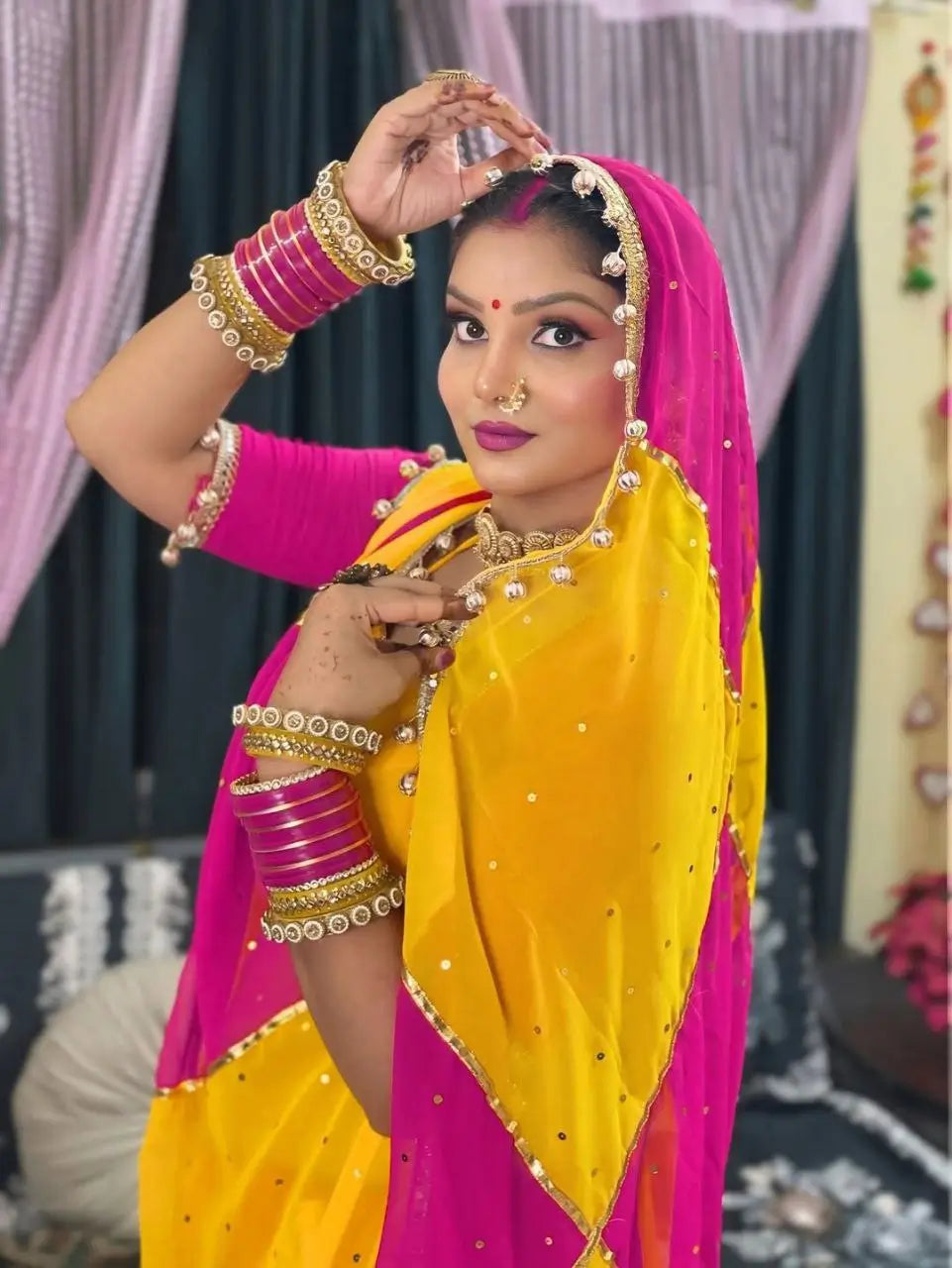 Box Pattern Georgette Saree with Mirror Work and Gotta Lace