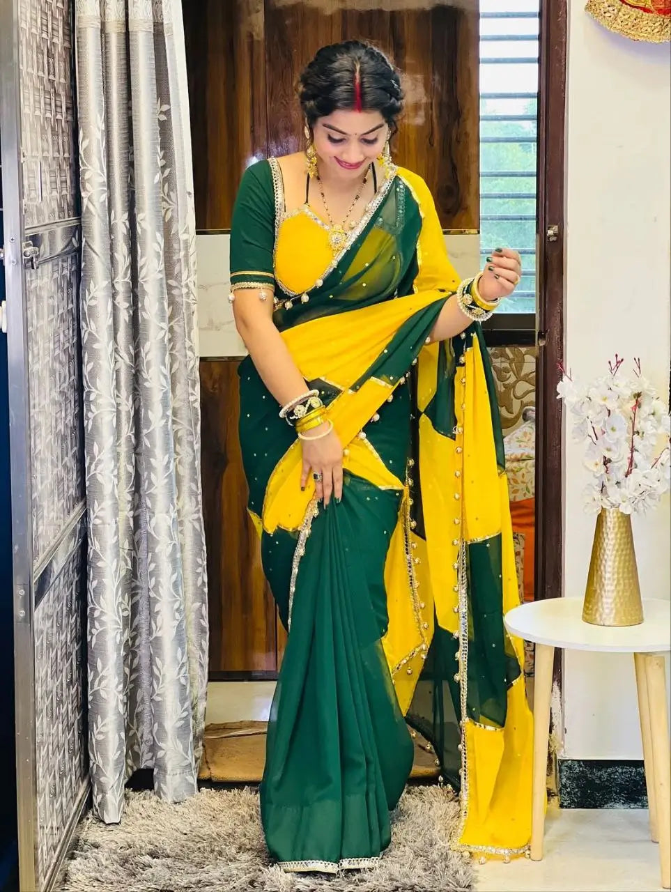Box Pattern Georgette Saree with Mirror Work and Gotta Lace