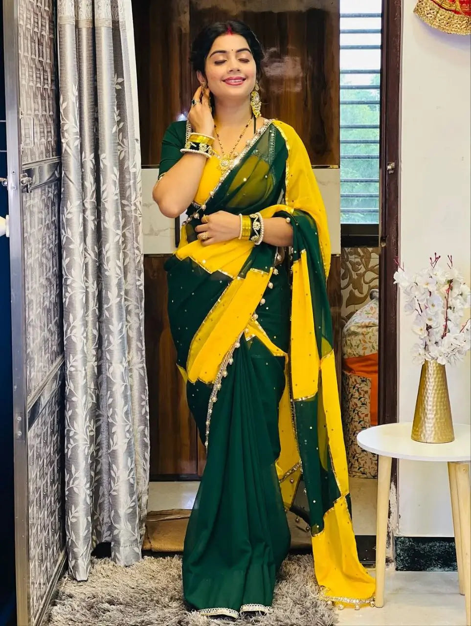 Box Pattern Georgette Saree with Mirror Work and Gotta Lace