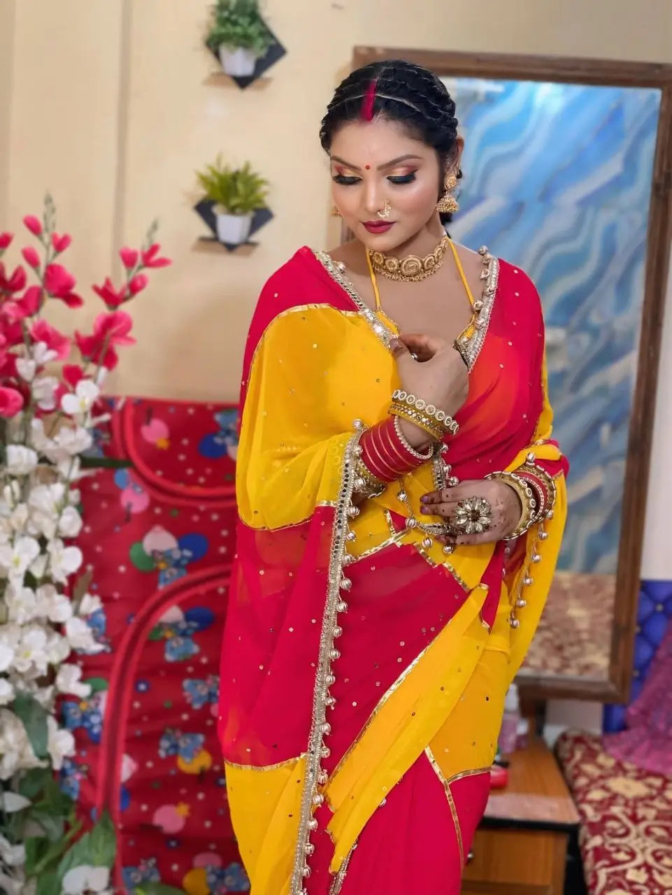 Box Pattern Georgette Saree with Mirror Work and Gotta Lace