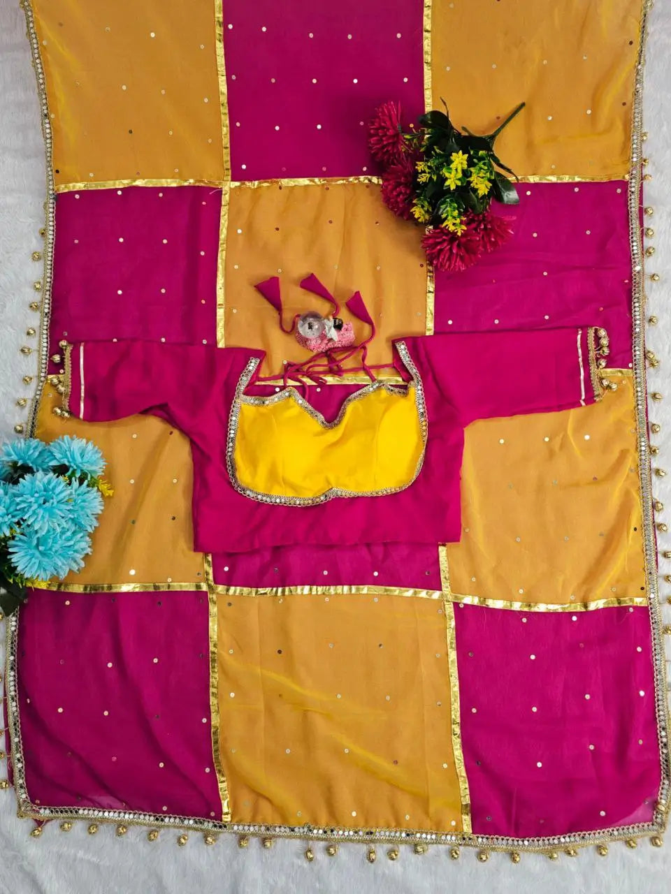 Box Pattern Georgette Saree with Mirror Work and Gotta Lace