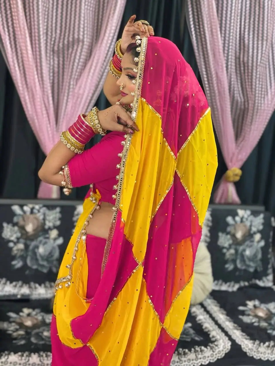 Box Pattern Georgette Saree with Mirror Work and Gotta Lace