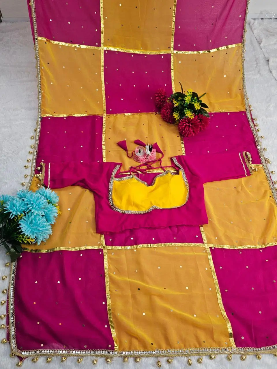 Box Pattern Georgette Saree with Mirror Work and Gotta Lace