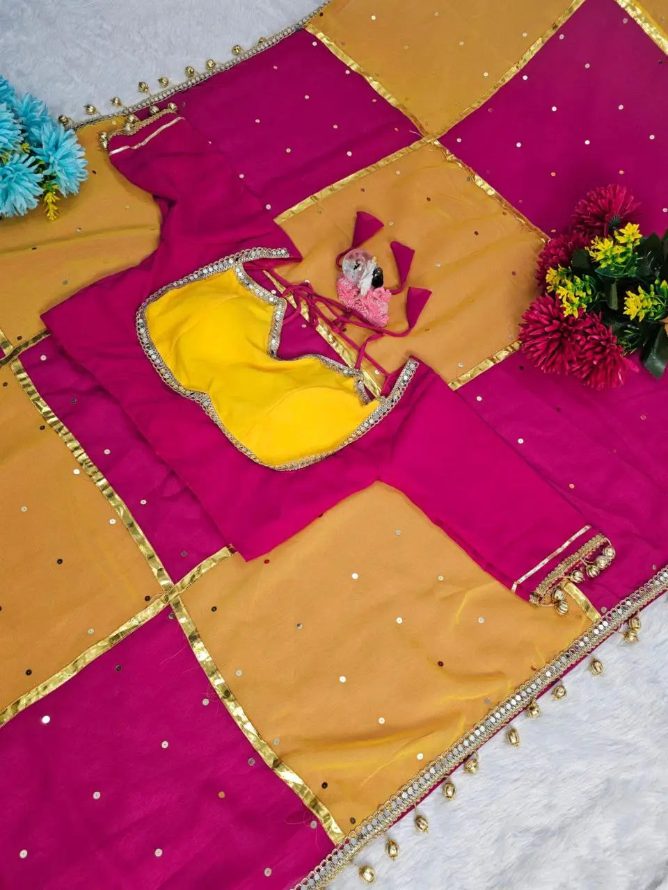 Box Pattern Georgette Saree with Mirror Work and Gotta Lace