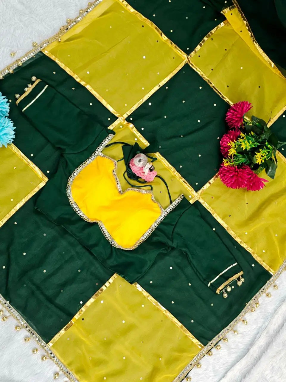 Box Pattern Georgette Saree with Mirror Work and Gotta Lace