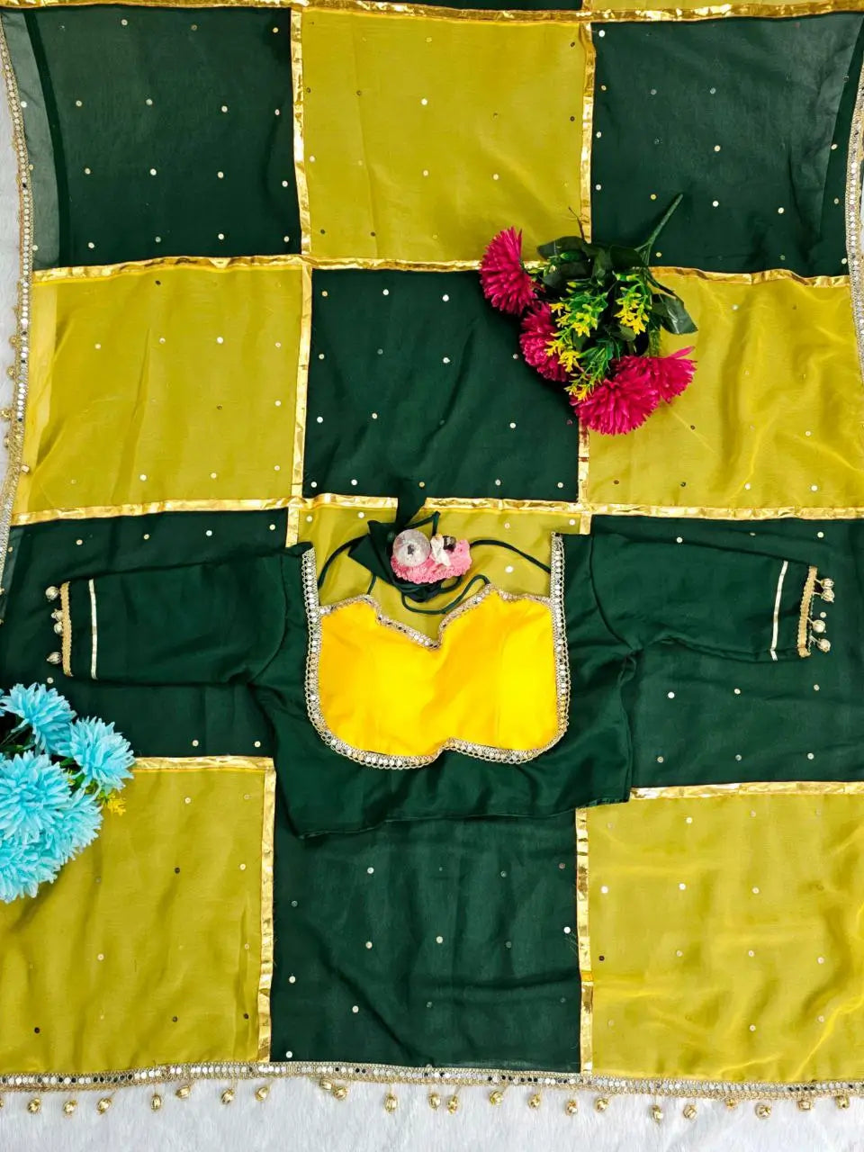 Box Pattern Georgette Saree with Mirror Work and Gotta Lace