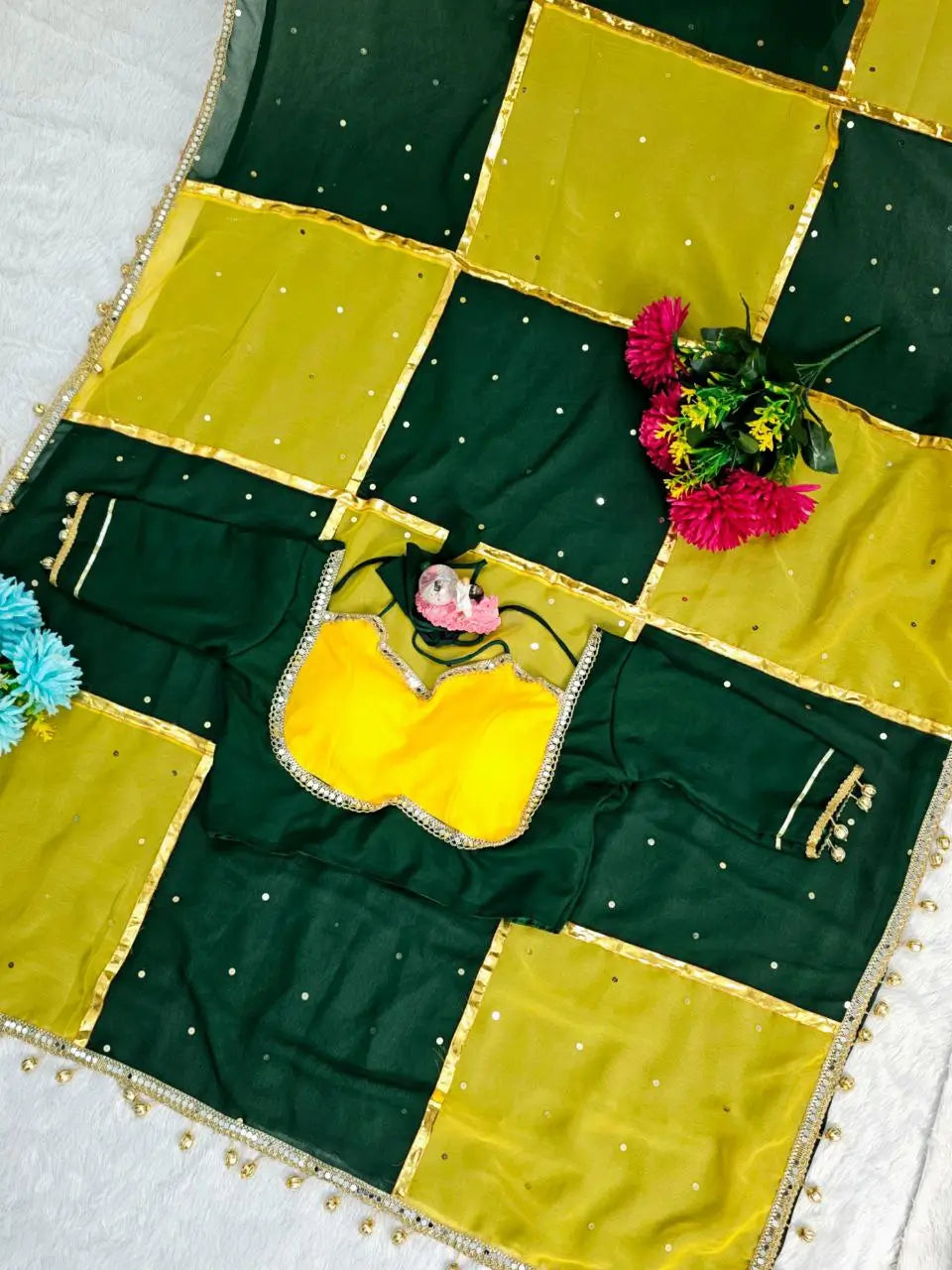 Box Pattern Georgette Saree with Mirror Work and Gotta Lace