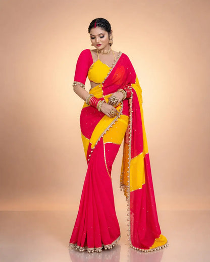 Box Pattern Georgette Saree with Mirror Work and Gotta Lace