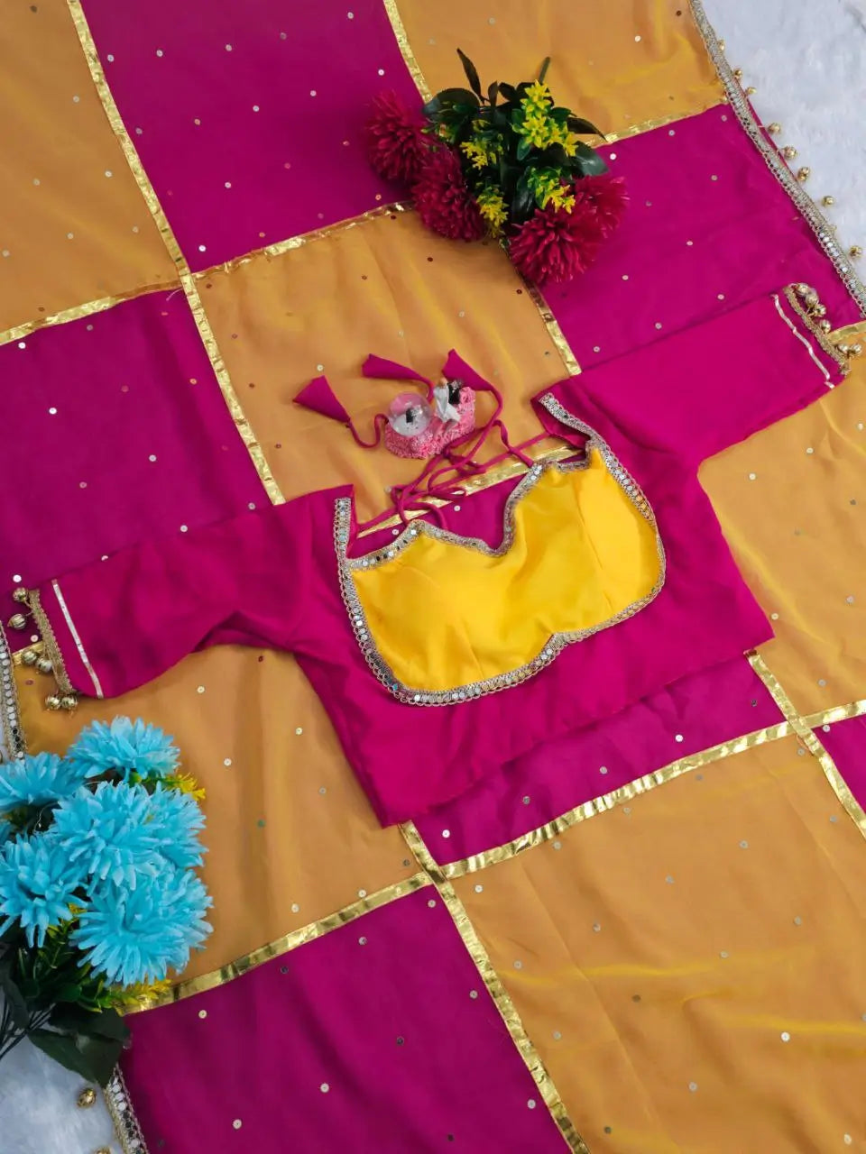 Box Pattern Georgette Saree with Mirror Work and Gotta Lace