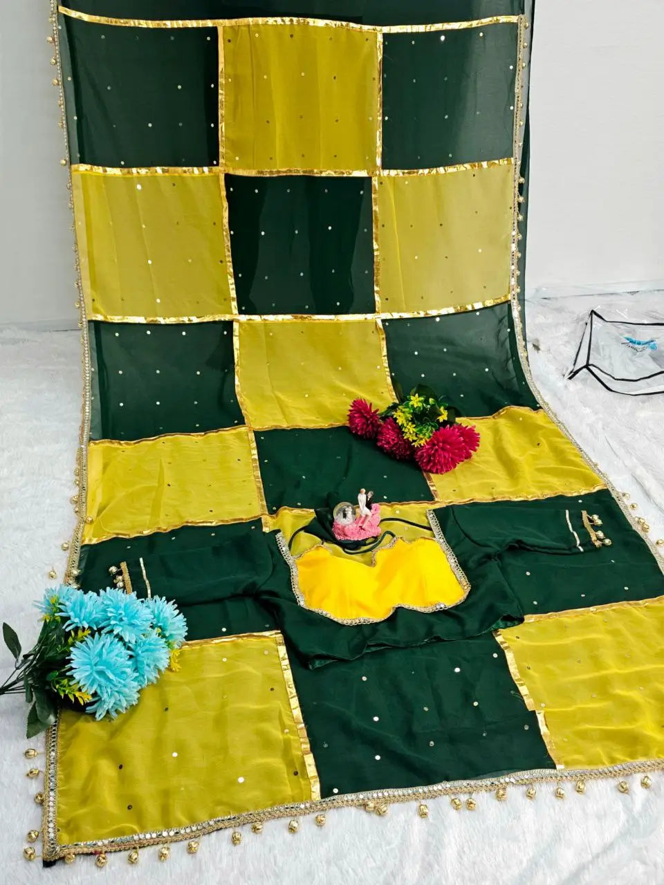 Box Pattern Georgette Saree with Mirror Work and Gotta Lace