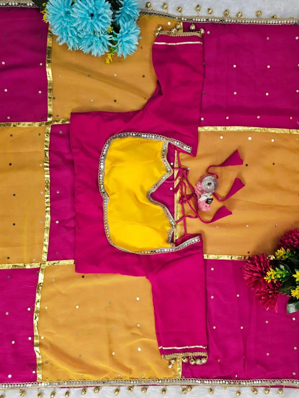 Box Pattern Georgette Saree with Mirror Work and Gotta Lace