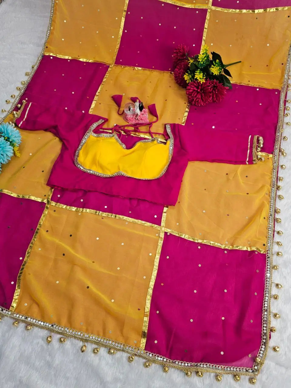 Box Pattern Georgette Saree with Mirror Work and Gotta Lace