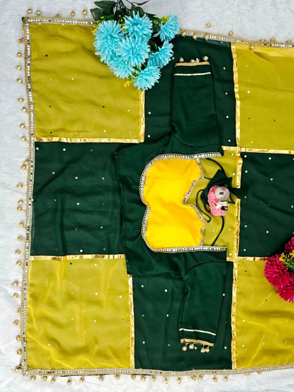 Box Pattern Georgette Saree with Mirror Work and Gotta Lace