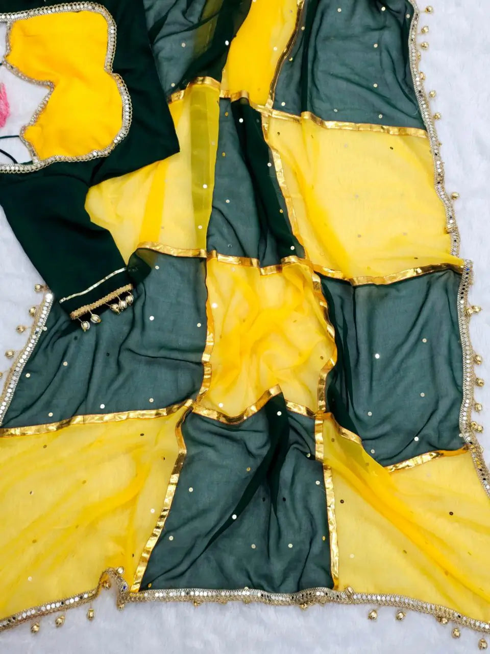 Box Pattern Georgette Saree with Mirror Work and Gotta Lace