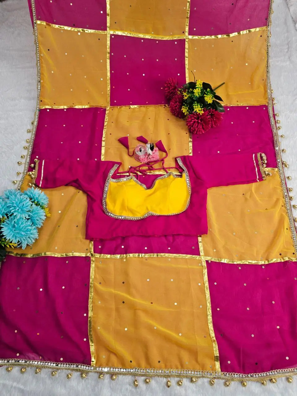 Box Pattern Georgette Saree with Mirror Work and Gotta Lace