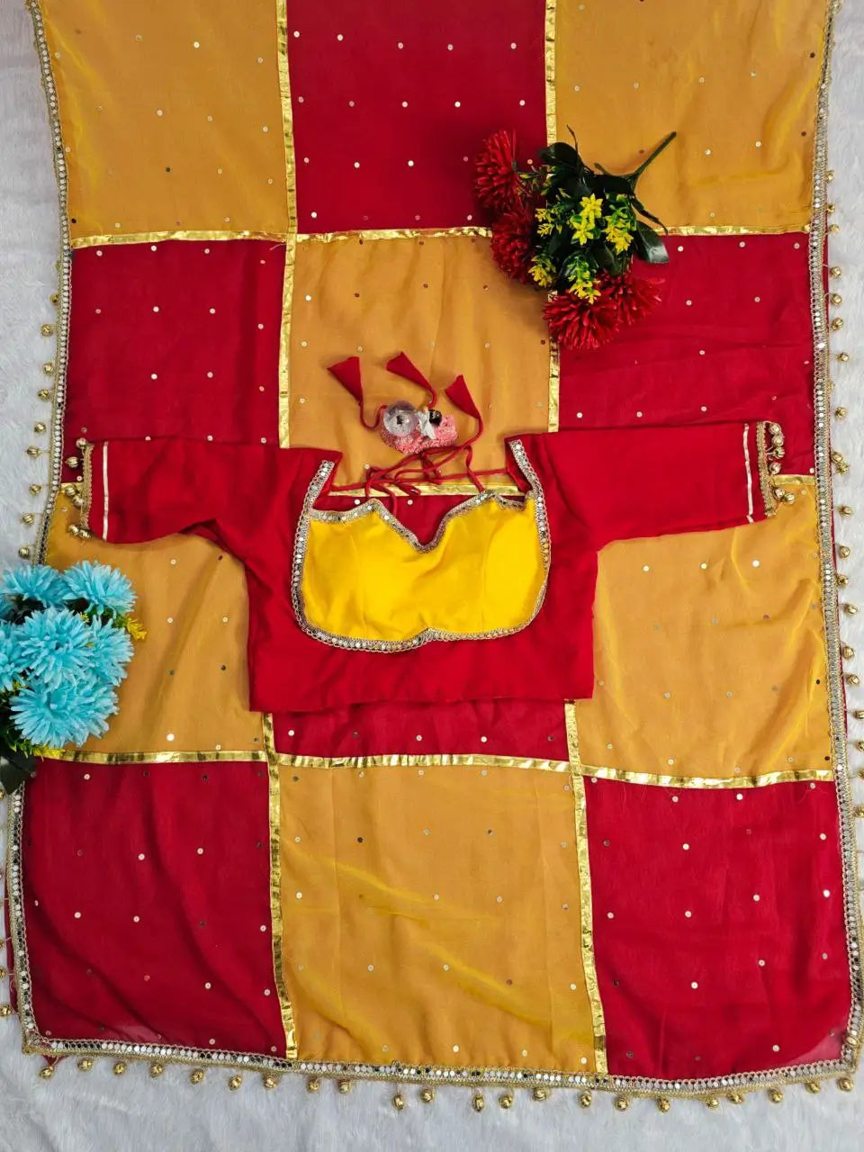 Box Pattern Georgette Saree with Mirror Work and Gotta Lace