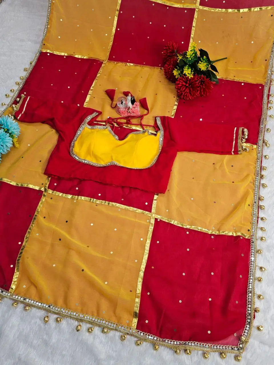 Box Pattern Georgette Saree with Mirror Work and Gotta Lace